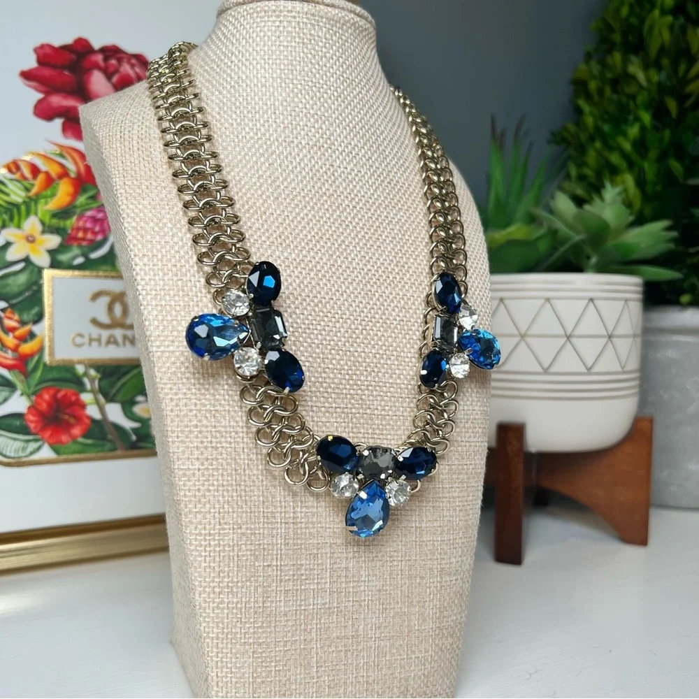 Chicos Elegant Statement Necklace Blue Rhinestones Gold Chain Chic Glam 18” + 4”